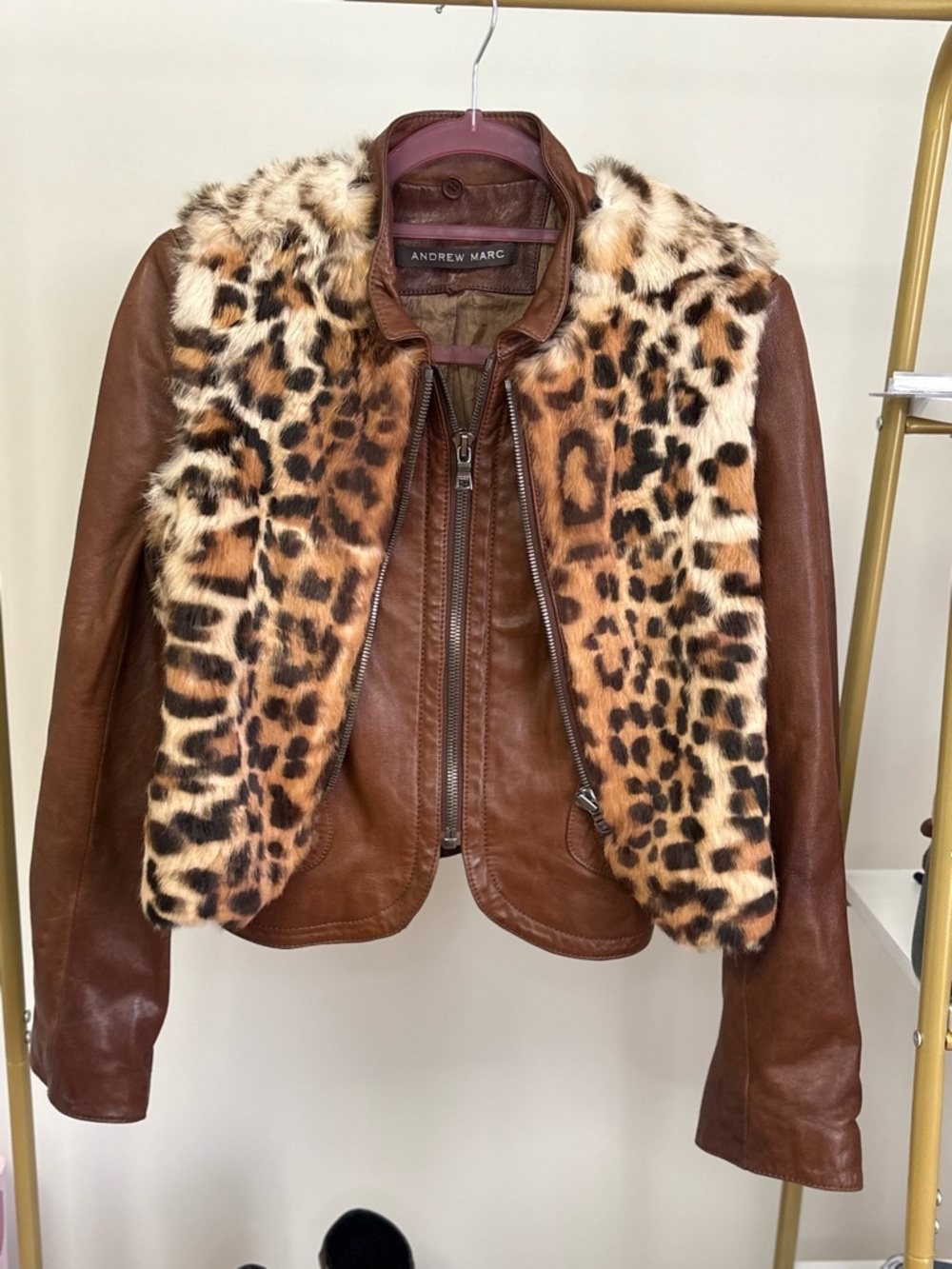 Andrew Marc Cognac Brown Leather Moto Jacket
